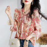 Summer Fashion Elegant Bow Lace Floral Blouse - Printed Blouse - Lillie 