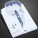 Blue-and-white Porcelain Collar Shirt Men Long Sleeve Korean SlimFit Casual Business Dress Shirts Solid Color White Shirt Cotton - Lillie 