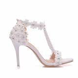 Bridal design Crystal Queen Women Sandals /White Lace Flowers Pearl Tassel Bridal Pumps Wedding Shoes - Lillie