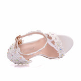 Bridal design Crystal Queen Women Sandals /White Lace Flowers Pearl Tassel Bridal Pumps Wedding Shoes - Lillie
