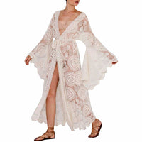 Maxi Boho Kimono Kaftan Cover-Ups Gown Robe for Women/  Sheer Lace Crochet Wrap Beach Dress - Lillie