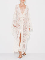 Maxi Boho Kimono Kaftan Cover-Ups Gown Robe for Women/  Sheer Lace Crochet Wrap Beach Dress - Lillie