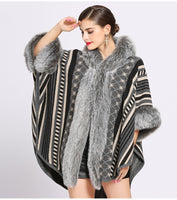 Oversize Knitted Sweater Cardigan for women / Hat Winter Faux Rabbit Fur Poncho Women Printed Designer Female Long Sleeves Shawl - Lillie