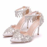 White Crystal Bridal design Sandal Shoes with Tassel Wristband - Lillie