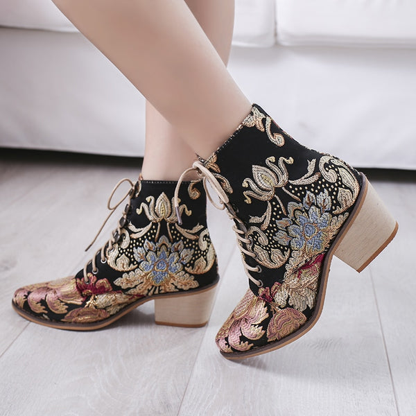 Women's Flower Embroidery Med Heel Ankle Boots /  Floral pattern Short Booties - Lillie