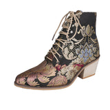 Women's Flower Embroidery Med Heel Ankle Boots /  Floral pattern Short Booties - Lillie