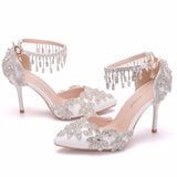 White Crystal Bridal design Sandal Shoes with Tassel Wristband - Lillie
