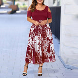 Summer Dress / Casual Plus Size O-Neck Print Stitching Off-Shoulder Short Sleeve Dress - Lillie